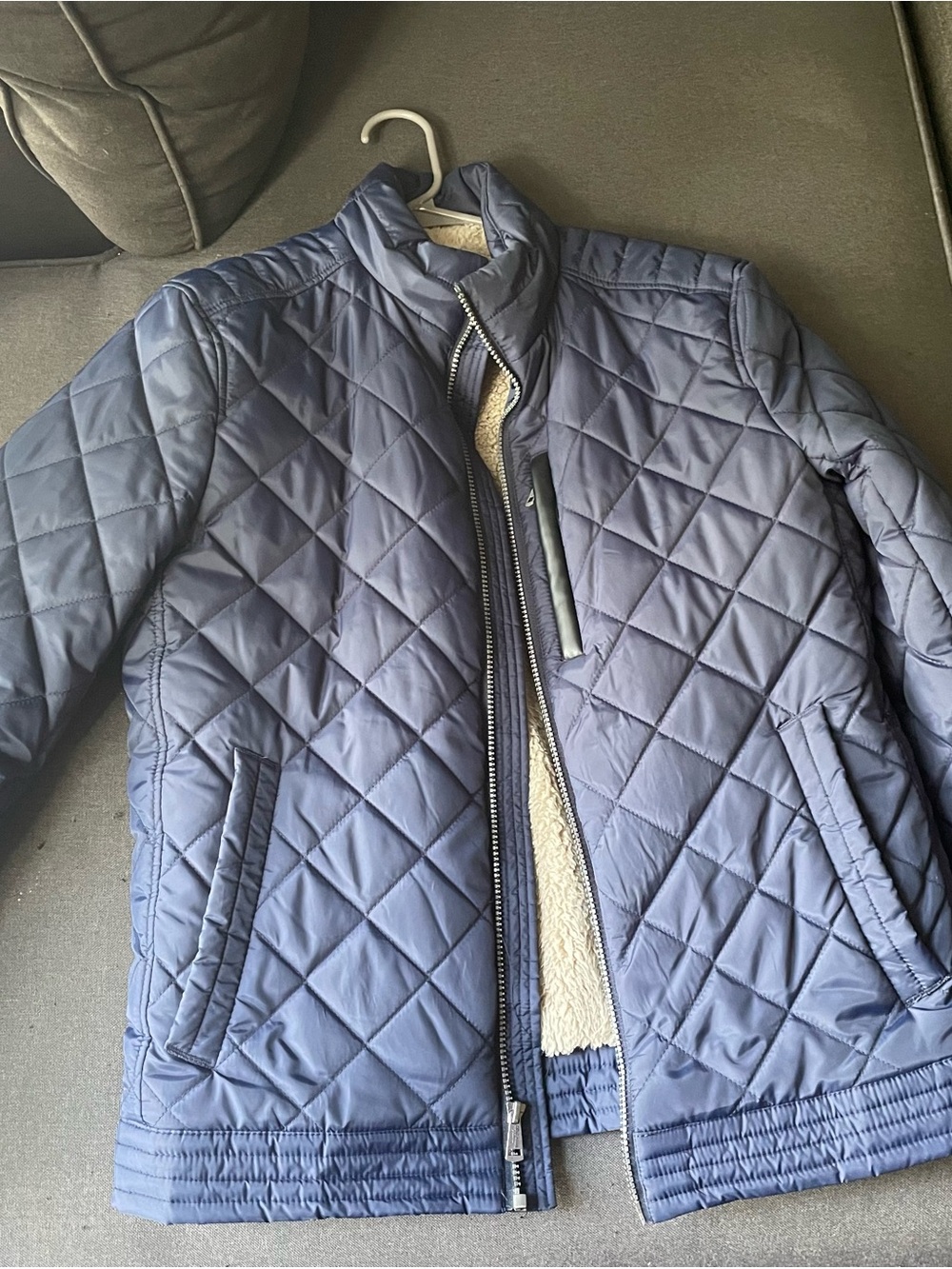 Cole Haan Quilted Navy Blue Lightweight Jacket with Sherpa Trim